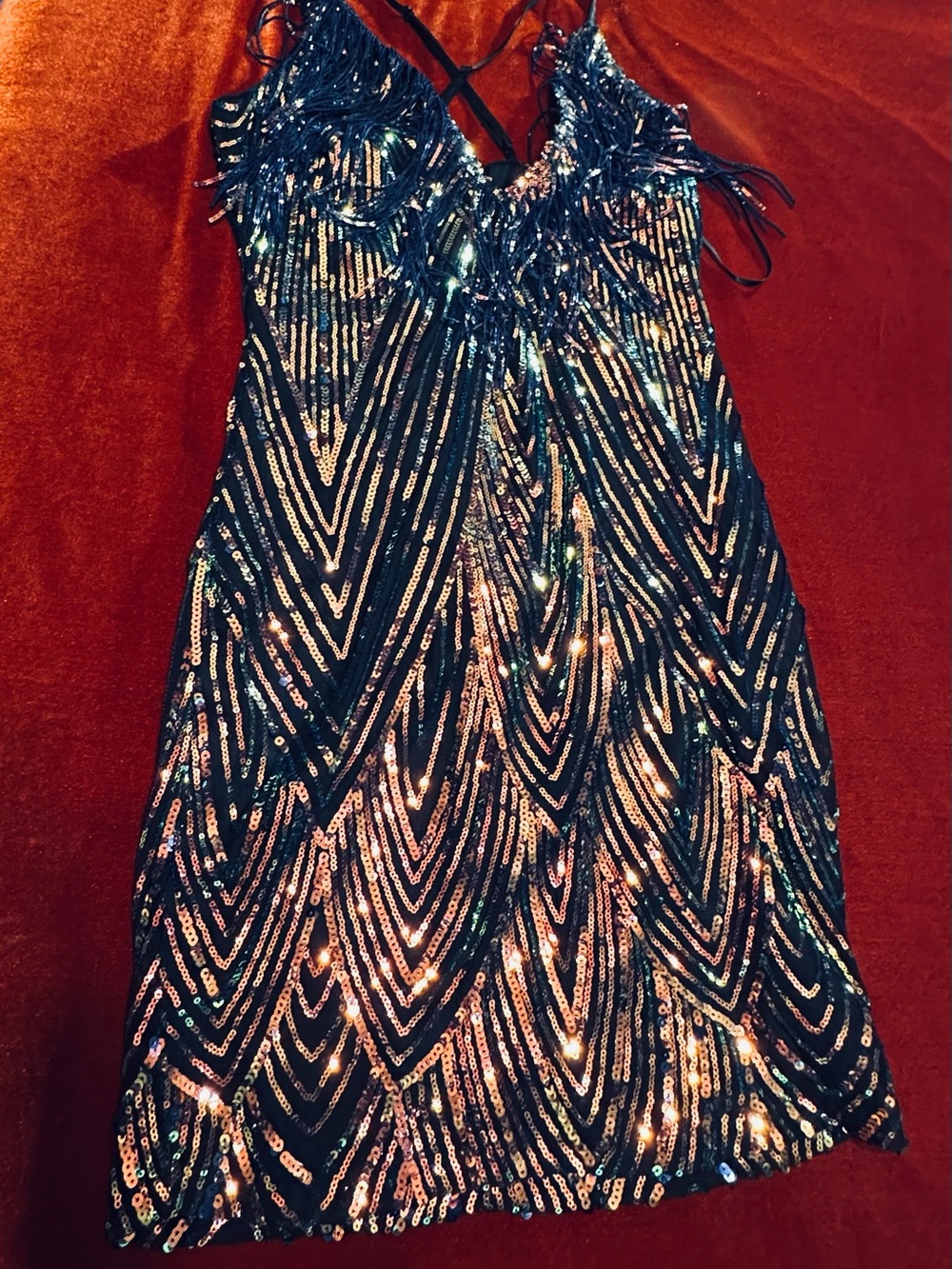 Black & Gold Sequin Fringe Mini Dress Art Deco Gatsby Cocktail Party